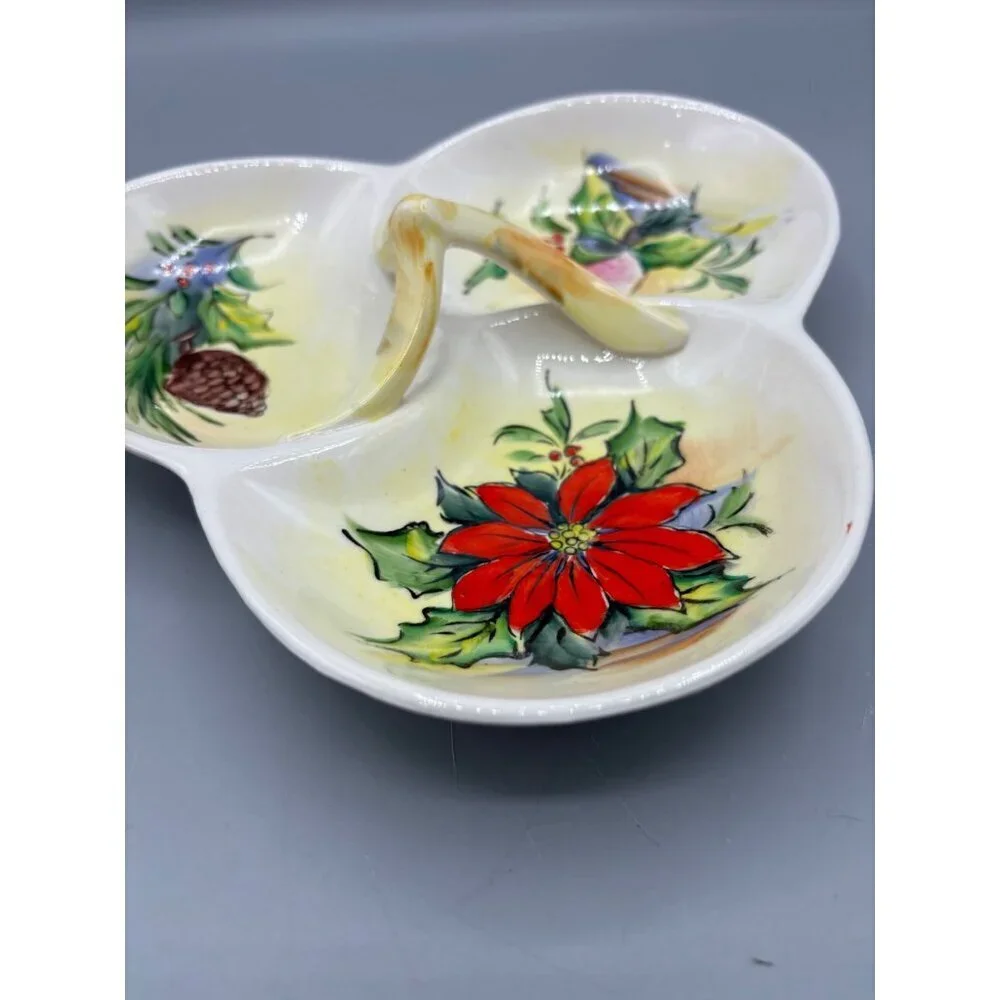 Vtg Ucagco Japan‎ Tri-Section Holiday Ceramic Serving Trinket Dish Holly